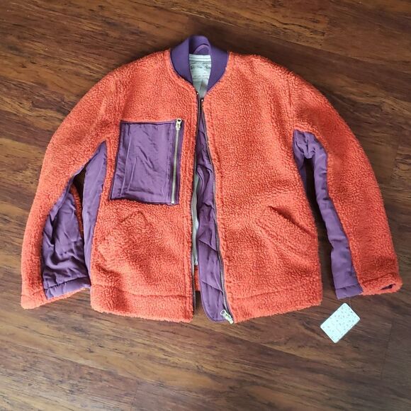 Free People Orange Chic Edgy Feminine Boho Y2K Retro Sherpa Bomber Size XS - Picture 1 of 9
